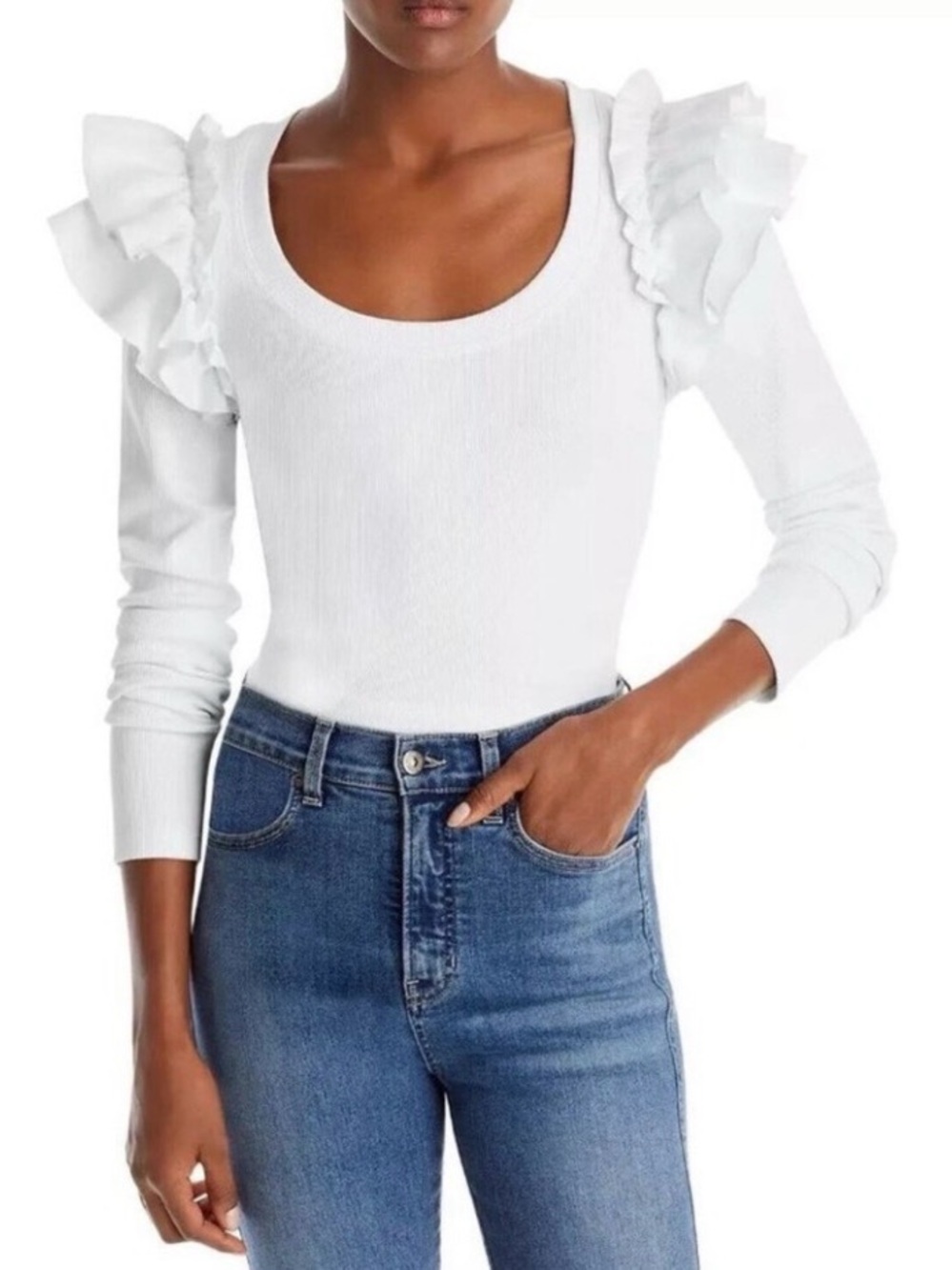 Free People White Ruffle Shoulder Scoop Neck Long Sleeve Top